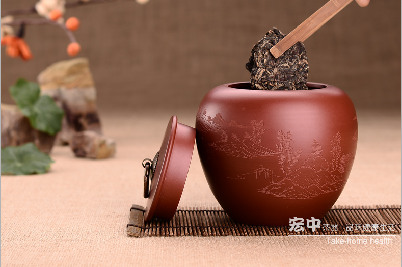 宏中 原矿宜兴紫砂茶叶罐 全手工普洱罐茶缸粗陶密封醒茶存茶罐 手工黄金朱泥-苹果型刻画随机