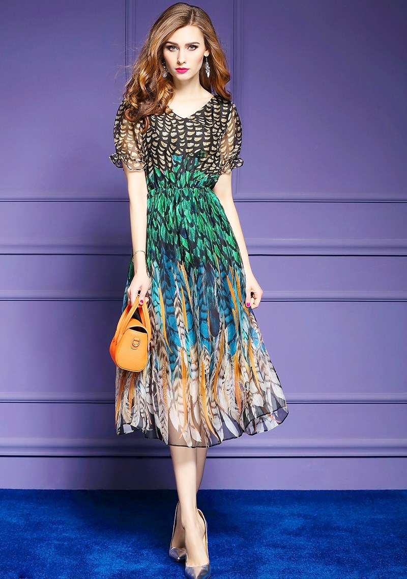 初欣352#2018夏季女装新款v领短袖修身印花中长裙连衣裙 花色 xxxl_ 5