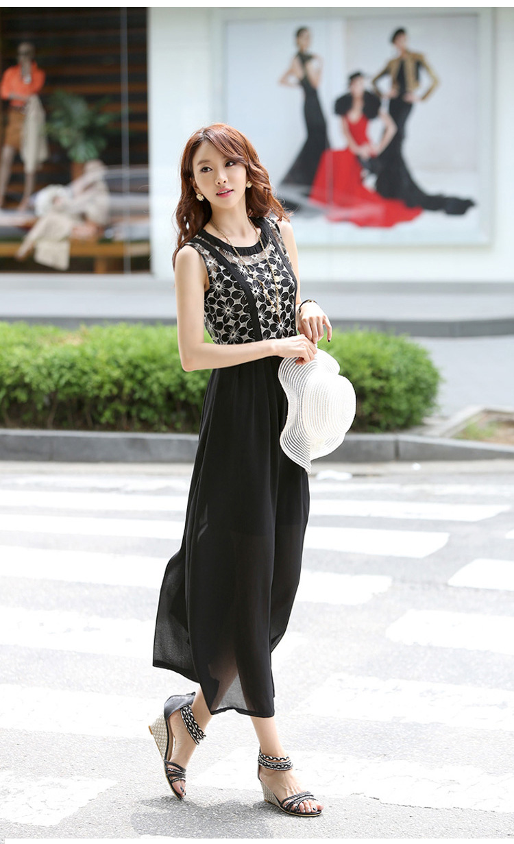 慕魅莎 2015夏季新款修身连衣裙雪纺拼接蕾丝长裙无袖背心百褶长裙