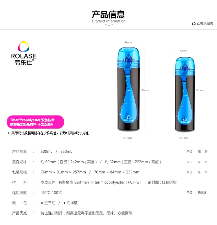 劳乐仕 时尚运动水壶带盖随手杯 创意塑料水杯便携 学生杯子防漏 海洋蓝500ml