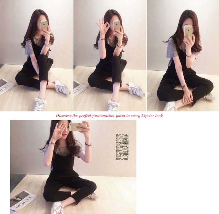花田雅织 2015学院风开叉纯色九分小脚哈伦个性连体裤背带裤 黑色 S