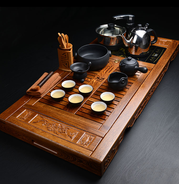 湛卢 电磁炉四合一茶盘高档功夫茶具整块实木茶盘 鸡翅木茶盘套装