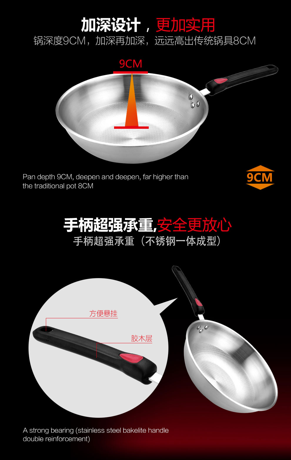 泰朗仕德国五层不锈钢炒锅平底无烟无涂层不粘锅电磁炉通用铁锅具 不锈钢本色