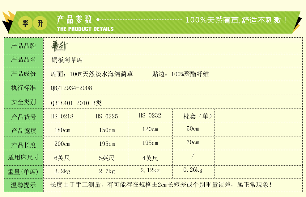 
                                        华升 蔺草凉席1.5米 1.8米双人床三件套 草席子 可折叠空调席  清爽席面 一席两枕套 180*200CM                