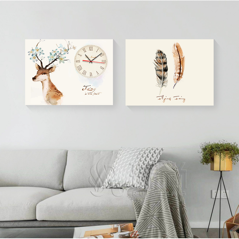 客厅装饰画无框挂钟画餐厅玄关走廊加钟表壁画两联横钟画静音浪漫水果