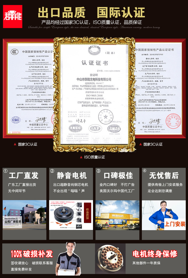 群能起飞LED吊扇灯隐形客厅42寸水晶灯罩豪华餐厅48寸风扇灯卧室单灯透明收缩叶出口静音 镍色3变光LED 配壁控(须预留三线安装!) 42寸(直径1060mm)