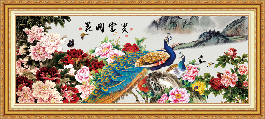 5d钻石十字绣花开富贵孔雀图-大版原色魔方圆钻钻石绣客厅新款2米大幅钻石画孔雀 全彩原色魔方圆钻 画布尺寸(218x84cm)
