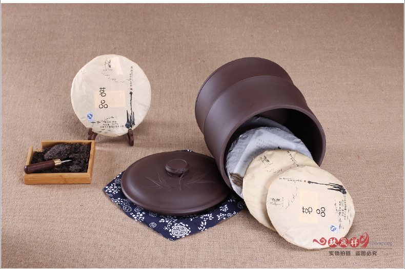宜兴紫砂茶叶罐 普洱茶缸粗陶存茶罐大号茶叶桶 竹段紫砂缸七饼
