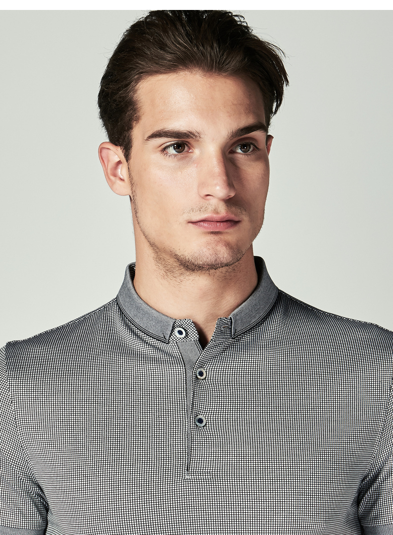 劲霸短袖t恤男桑蚕丝 丝棉小格纹提花立翻领男士t恤|htkl2632 黑色