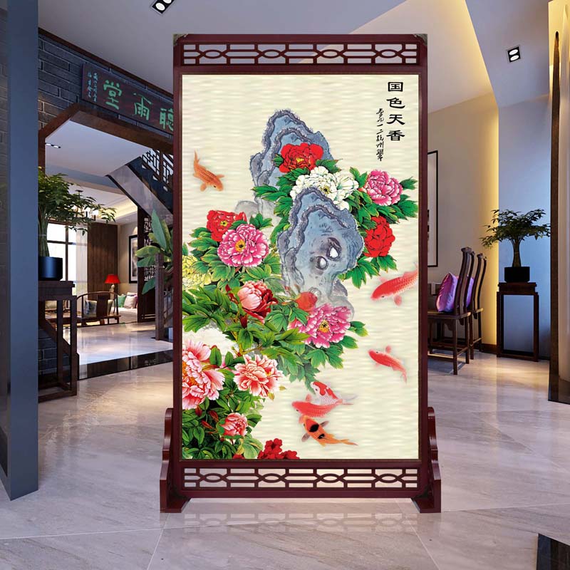 定制皮革座屏 中式书房酒店屏风 玄关办公室摄影客厅隔断双面屏风 花开富贵2 120cm宽X180高 左右镂空