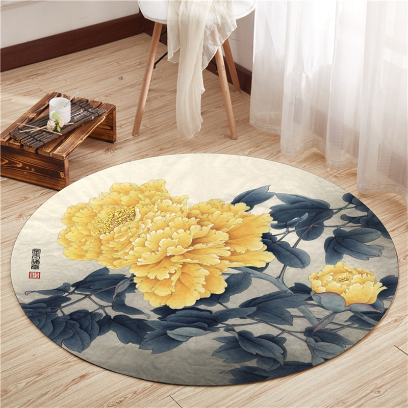中国风荷花圆形地毯 电脑椅转椅地垫吊篮垫 办公室椅子地垫 防滑耐磨