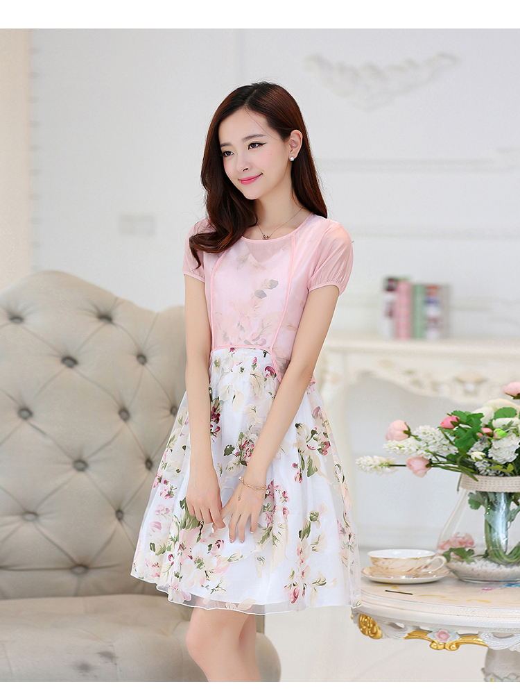 妃珂特 2015夏装新款欧根纱雪纺圆领印花裙子中长款无袖连衣裙女装