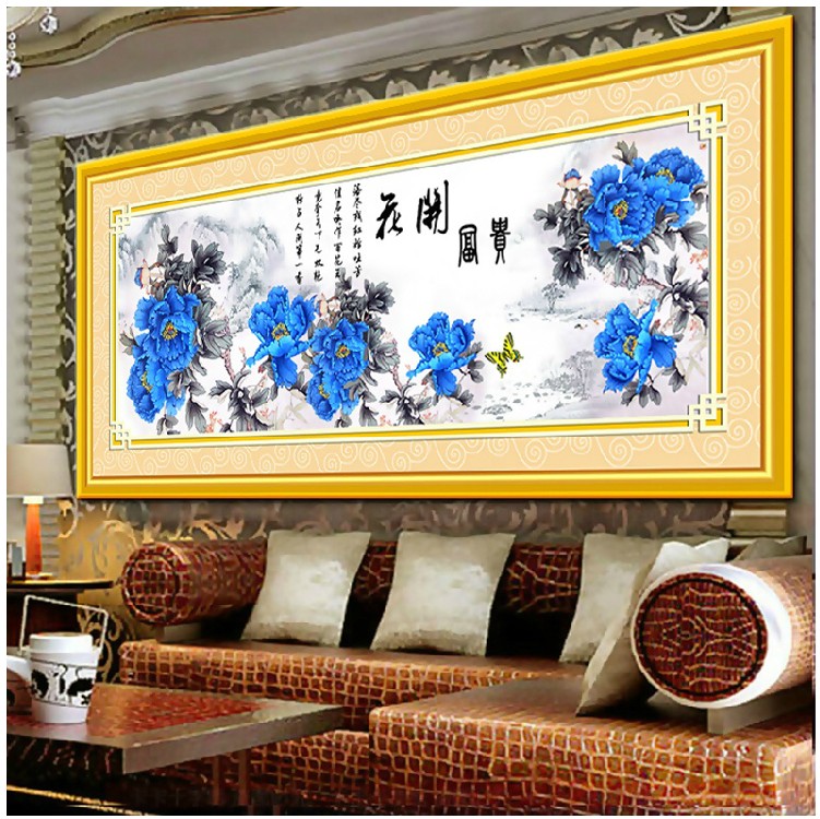 
                                        蒙娜丽莎十字绣5D系列钻石画花开富贵蓝色版钻石绣砖石绣贴钻绣水晶十字绣圆钻新款蓝色牡丹花 棉线3股线蓝色牡丹180*60厘米                
