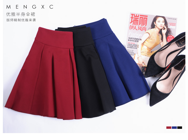 
                                        蒙小橙 半身裙春秋弹力百褶短裙高腰修身a字伞裙显瘦舒适半身裙女 F013 酒红色 L/大码                