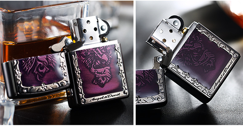芝宝zippo打火机 黑炫冰 紫红色贴章雕刻 天使与恶魔 十字架