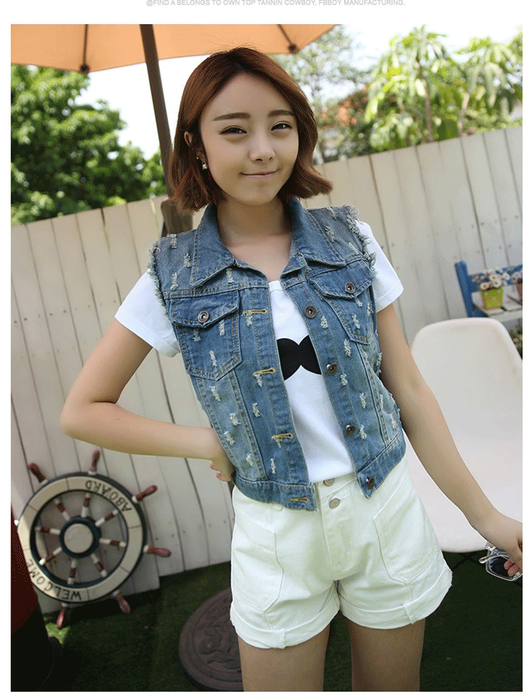 乔治汤姆森 2015夏装新款时尚无袖牛仔马甲女韩版潮磨破马夹背心超短牛仔外套女修身款 S