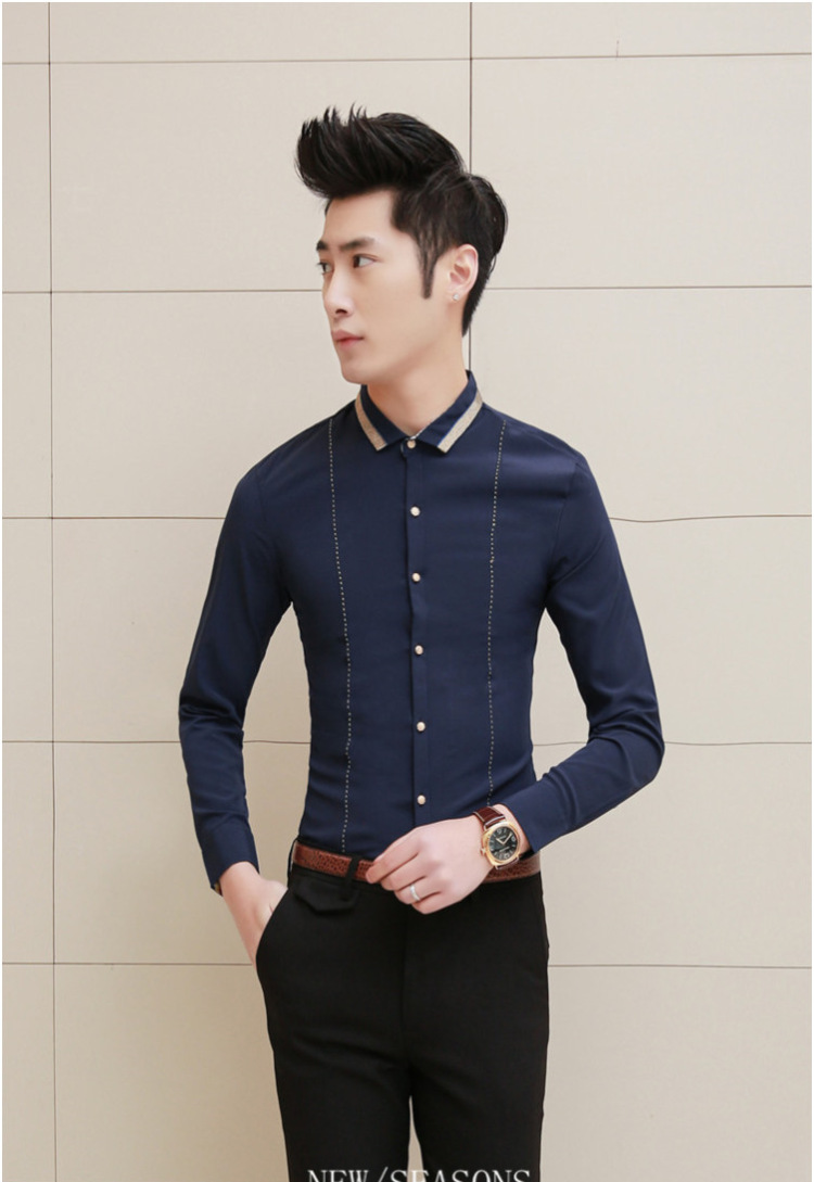 有衣有靠 2015时尚新品男士修身休闲韩版衬衫发型师衬衫金领衬衣 藏青