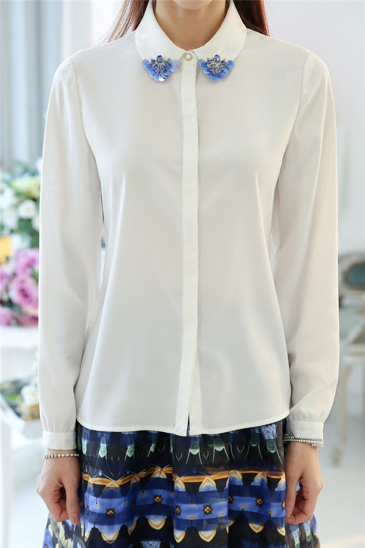 阿琳娜2016春装新款长袖白色蕾丝雪纺衬衫女A513 白色 M
