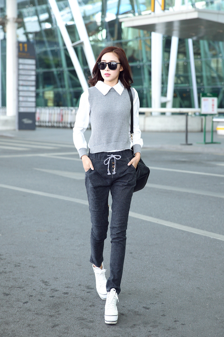 薇尼卡儿 も排扣高腰哈伦裤女长裤韩版显瘦小脚休闲裤投14929640 蓝色