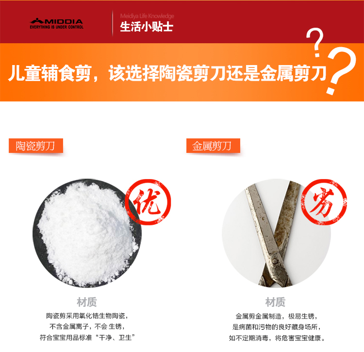 
                                        美帝亚（MIDDIA）高端黑宝石镜面系列 宝宝婴儿辅食陶瓷剪刀 3寸多功能厨房食物剪 绿色                