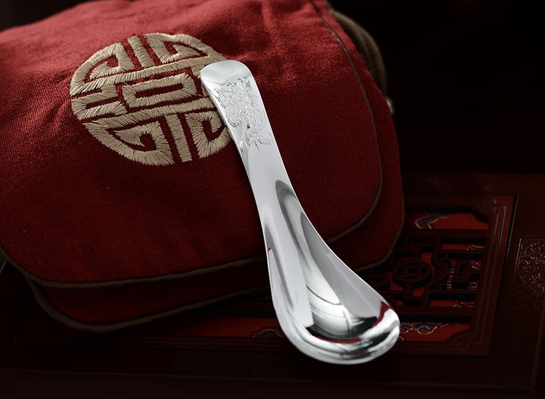 百年匠器 银勺子999足银餐具实心厚重银调羹食用银饭勺银器 浮雕龙凤