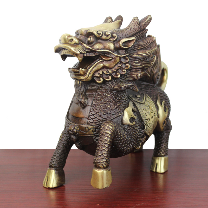 真全铜器纯铜麒麟黄铜财富麒麟一对工艺品摆件高19cm做旧色麒麟一对