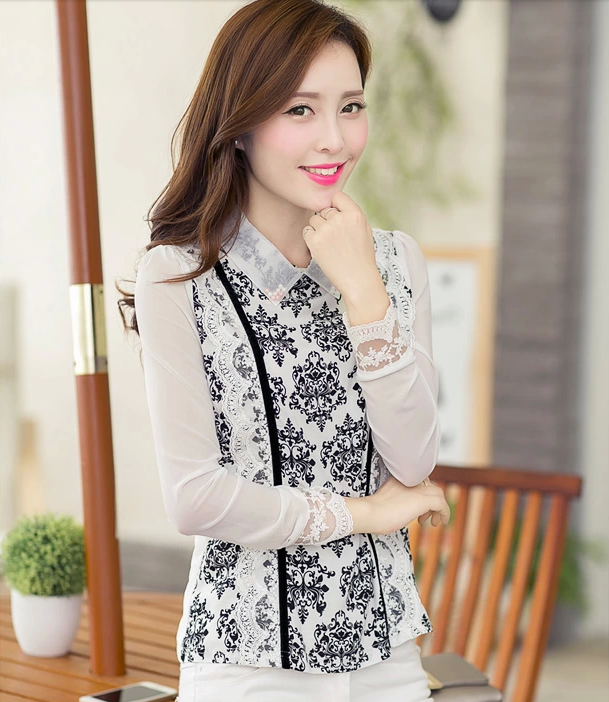 菲时力 2015秋装新款青花瓷韩版修身翻领蕾丝衬衣女XH-622-C_3093 深蓝色 XXL