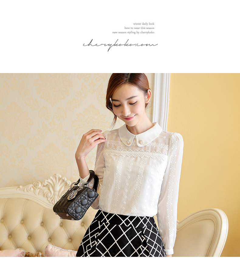 
                                        法萱妮 2015秋冬新款女装白色长袖娃娃领雪纺蕾丝打底衫3314# 白色 M                