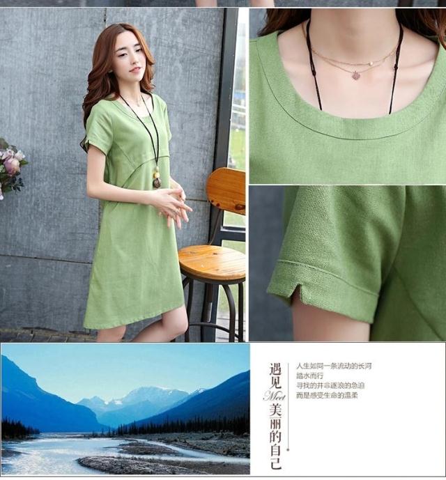惜筠 2016夏季新款大码宽松短袖显瘦棉麻连衣裙女X0475-1 军绿色 M