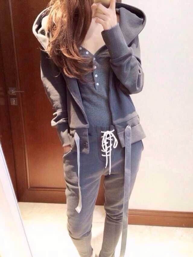 美谐 长袖卫衣套装女2016秋冬季新款女装时尚休闲连帽运动休闲加绒加厚哈伦裤卫衣三件套女秋 灰色加绒 S