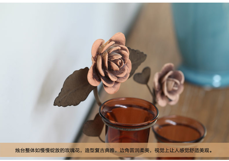
                                        优贝家 铁艺烛台 欧式浪漫玫瑰花摆件玻璃蜡烛杯座创意婚庆风 玫瑰花烛台(单头)                