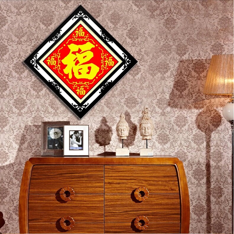 蒙娜丽莎十字绣新款客厅玄关大幅5D钻石画有鱼福福字年年有余中国风系列画圆钻绣挂画 图1丝线有余福50*50厘米.