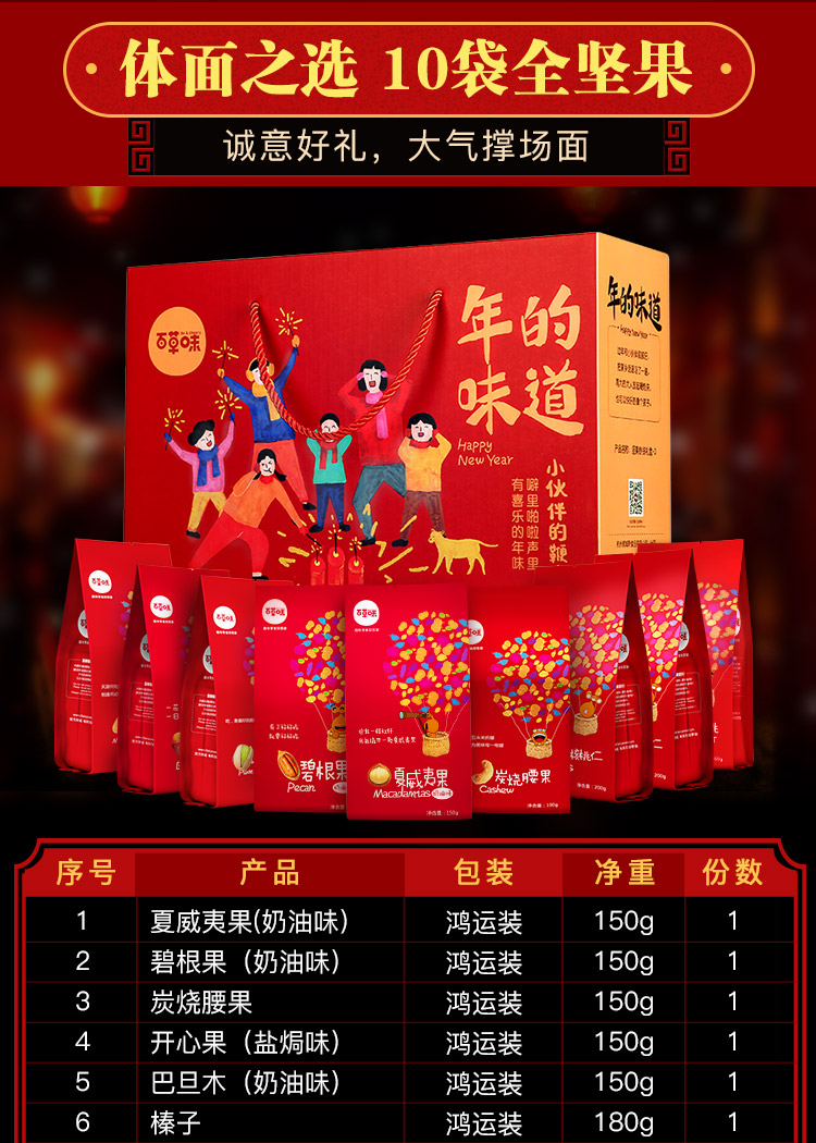 百草味 年货大礼包 小伙伴的鞭炮10袋装零食每日干果 夏威夷果 坚果