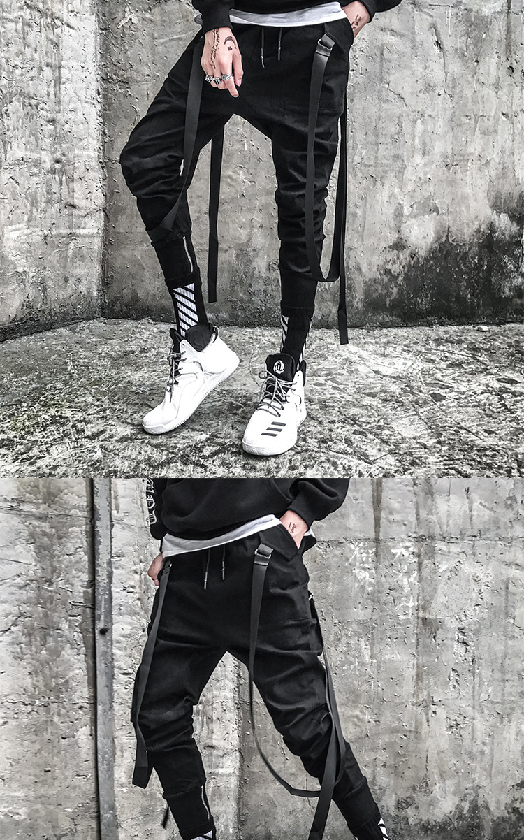 uyuk发型师裤子2018潮男工装裤国潮束脚裤男潮牌飘带休闲裤修身小脚