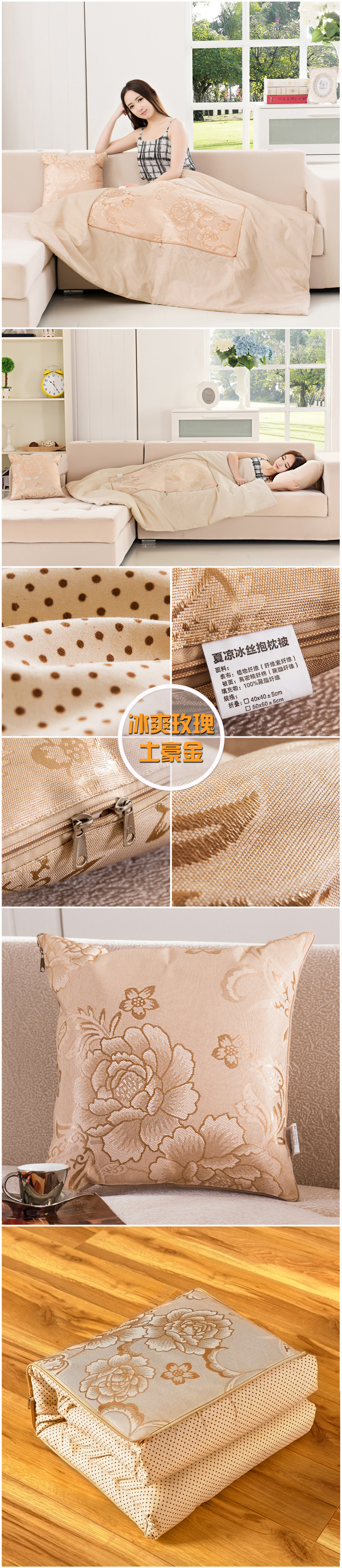 
                                        【京东快递】兰婷梦家纺 冰丝抱枕被子两用汽车靠垫多功能折叠空调被办公室枕头坐垫三用 冰爽玫瑰土豪金 大号折叠50cm*50cm                