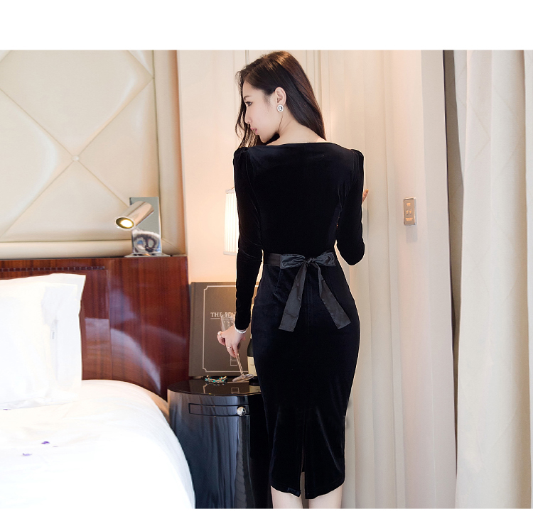
                                                            蓝空气 晚礼服宴会酒会伴娘新娘结婚礼服秋冬款敬酒服女中长款包臀长袖性感修身长款连衣裙 玫瑰红色 S                