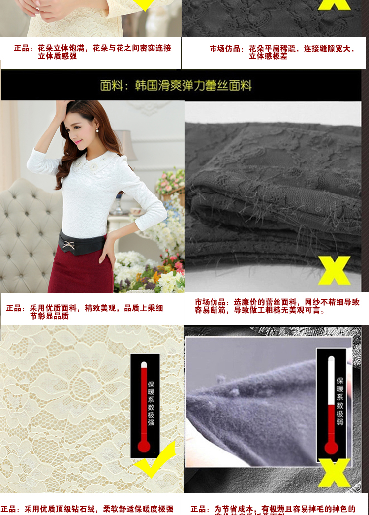 夏露的秘密2015秋冬女装韩版加绒加厚长袖娃娃领蕾丝打底衫女A 白色 M