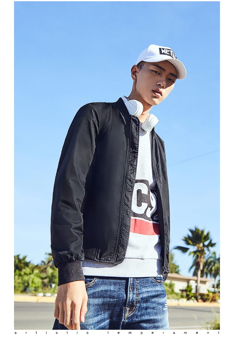 卡宾男装2018春季新款短款夹克衫个性帅气青年潮流棒球领外套a 煤黑色