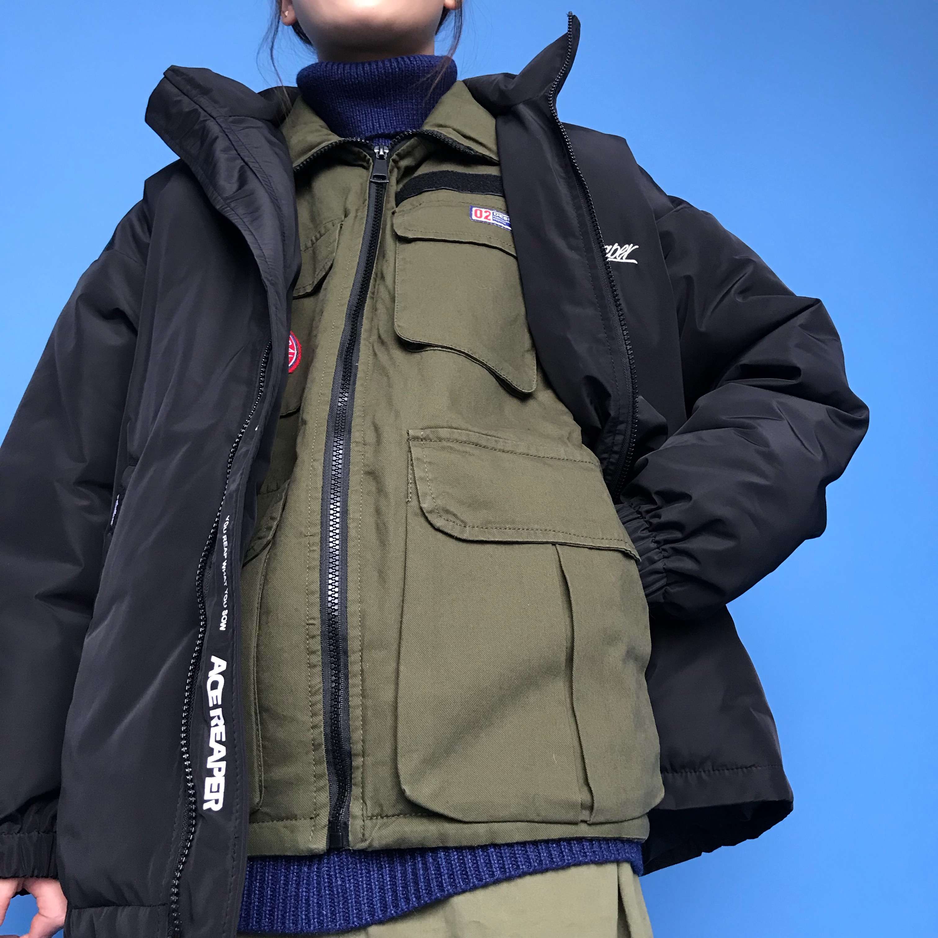 gkvk日系复古简约bf宽松个性立领加厚棉服棉衣男女u1