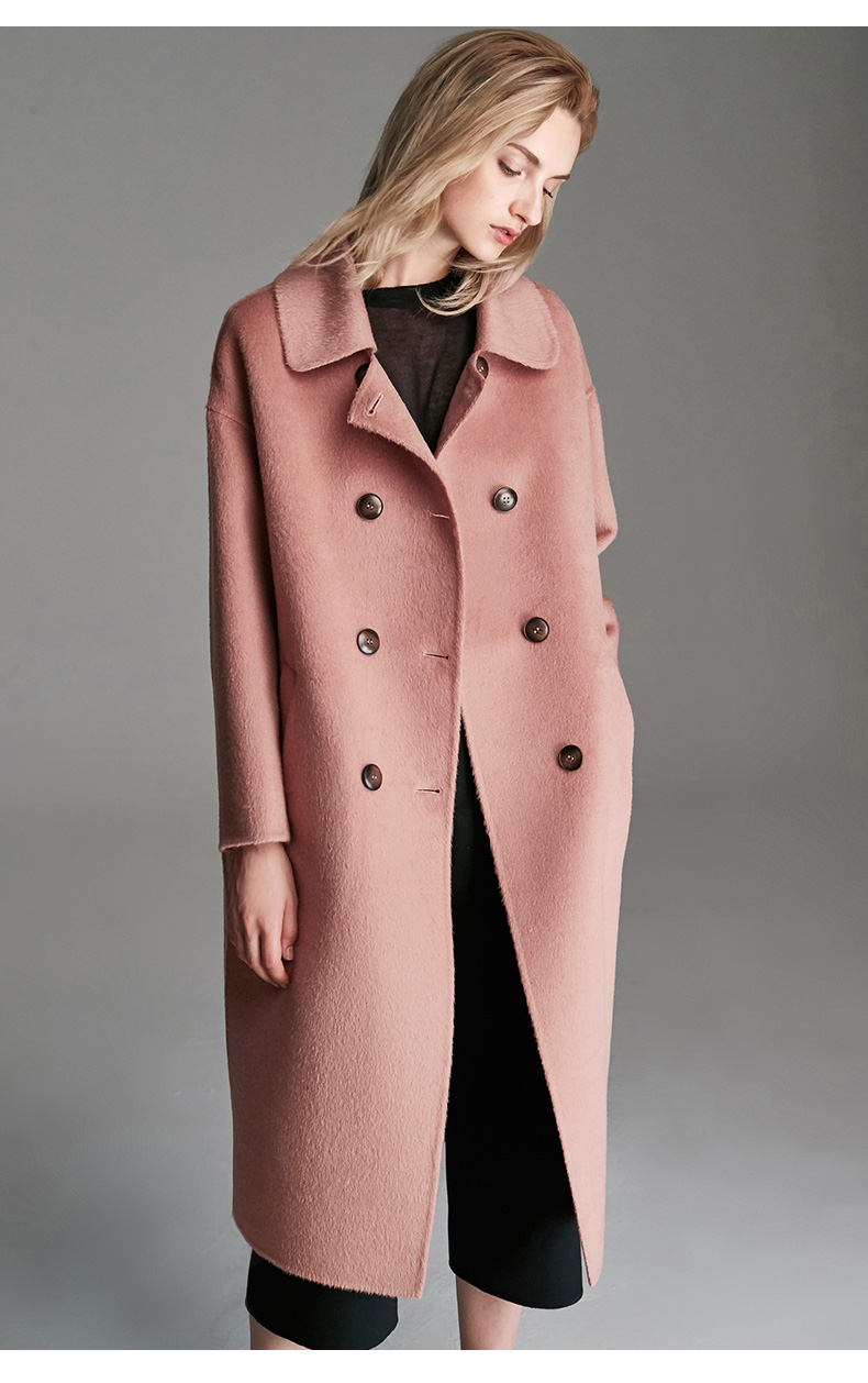 欧黎蔓双面羊绒大衣女冬中长款双排扣宽松加厚羊驼绒呢子外套 樱花粉