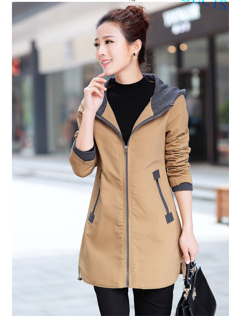 
                                        欣依煊 中长款外套大码拼接连帽女士风衣 卡其色 XL(风衣版)                