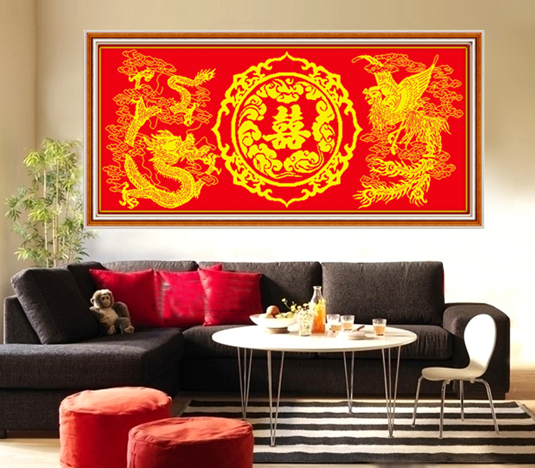 
                                        包邮 皇家至尊蒙娜丽莎十字绣新款客厅大幅福龙喜凤装饰画印花结婚喜字婚庆款现代沙发背景壁画 1.4米（福丝线）145*70厘米【免费补线】                
