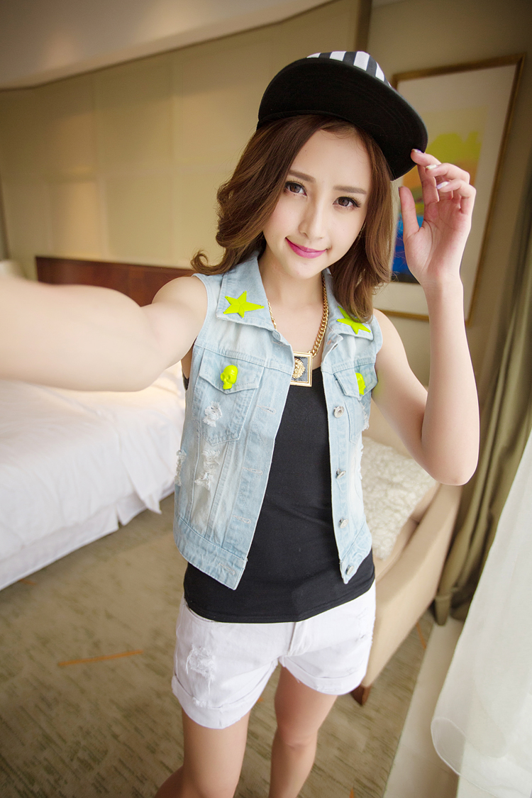 卡慕莉     2015春夏季韩版无袖牛仔马甲背心女款欧美坎肩小马夹短外套上衣#1381 图色 均码