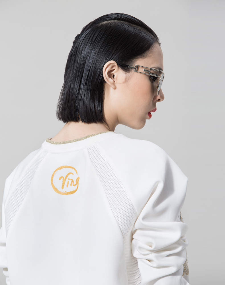 
                                        VING春秋高端女装刺绣网面拼接套头时尚棒球服卫衣女 黑色 XL                