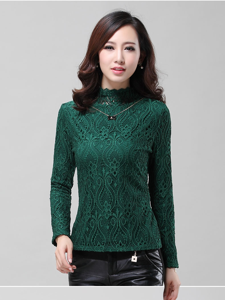 俏情朵 加绒加厚蕾丝打底衫 秋冬2015新款保暖上衣大码半高领长袖 酒红色 XXL