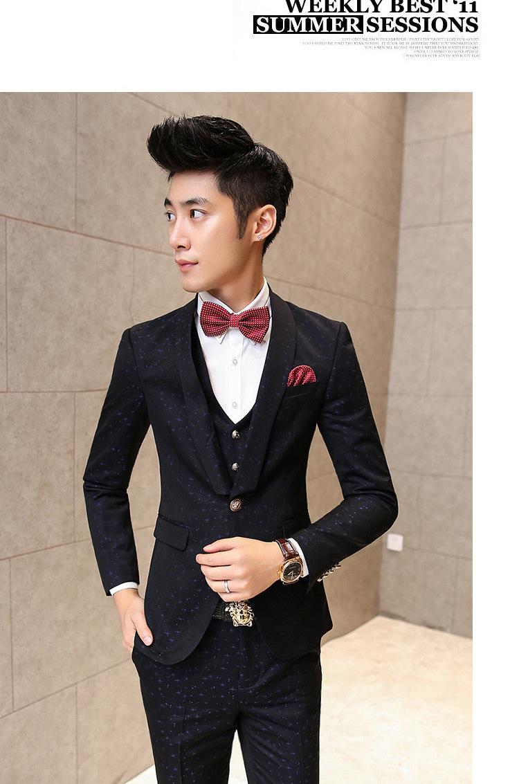古仕卡特西服套装男2015秋新款发型师结婚礼服星星暗花三件套a47z2