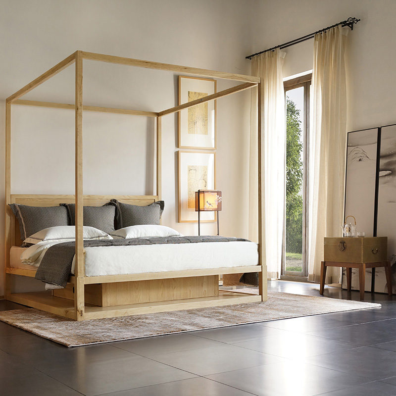 [出品]中式实木床双人床主卧白蜡木榆木床新中式架子床实木床 明月栖