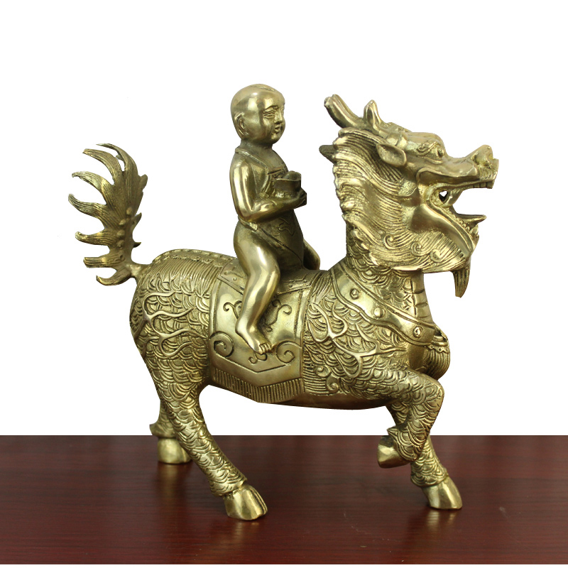 男童女 童子骑铜麒麟 黄铜麒麟工艺品摆件 黄铜色童男童女骑麒麟一对