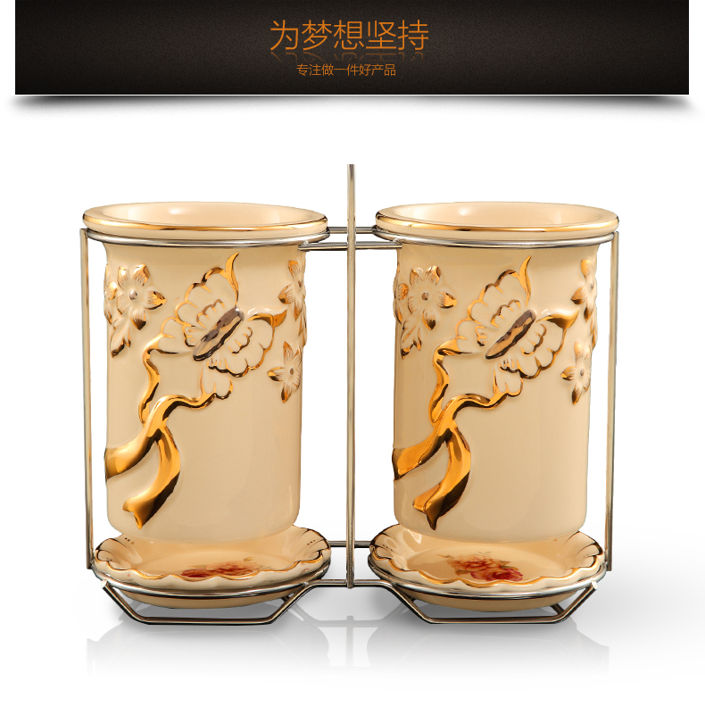 梵莎奇陶瓷欧式创意筷子筒 蝴蝶厨房置物架双筒筷架 防霉沥水筷子盒筷笼套装