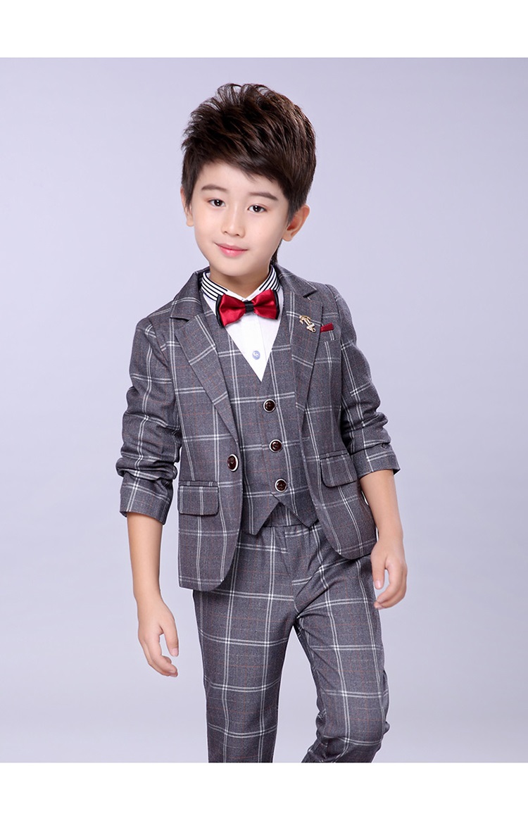 小男孩加绒格子西服套装韩版加厚儿童花童礼服 灰色3件套 不加绒不含